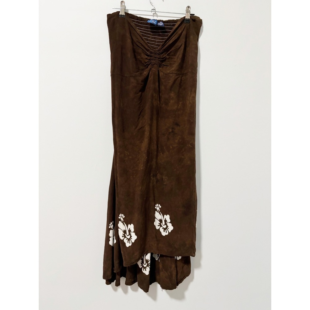 Kisses & Hugs Maxi Dress Women Size M Brown Tie Dye Hibiscus Strapless Boho Bali